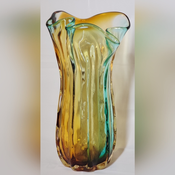 Large Glass Vase Murano-Style Blue Yellow 14" - Picture 3 of 9